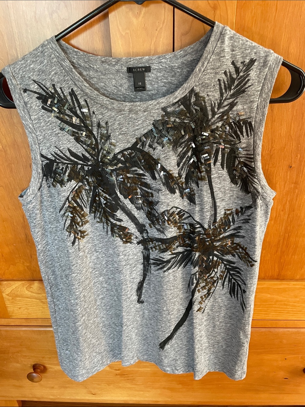 J. Crew Gray Palm-Print Sequin Sleeveless Tank